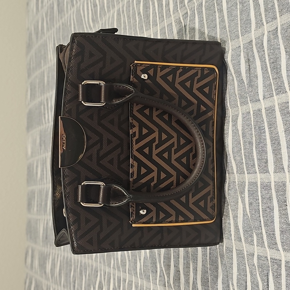 Aldo Adaleng Rich Brown Geometric Monogram Gold-Tone Hardware Satchel Handbag